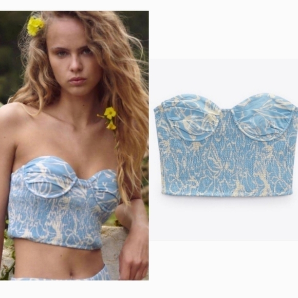 New Zara Floral Printed Underwire Linen Blend Bustier Crop Top NWT Large - Picture 1 of 17